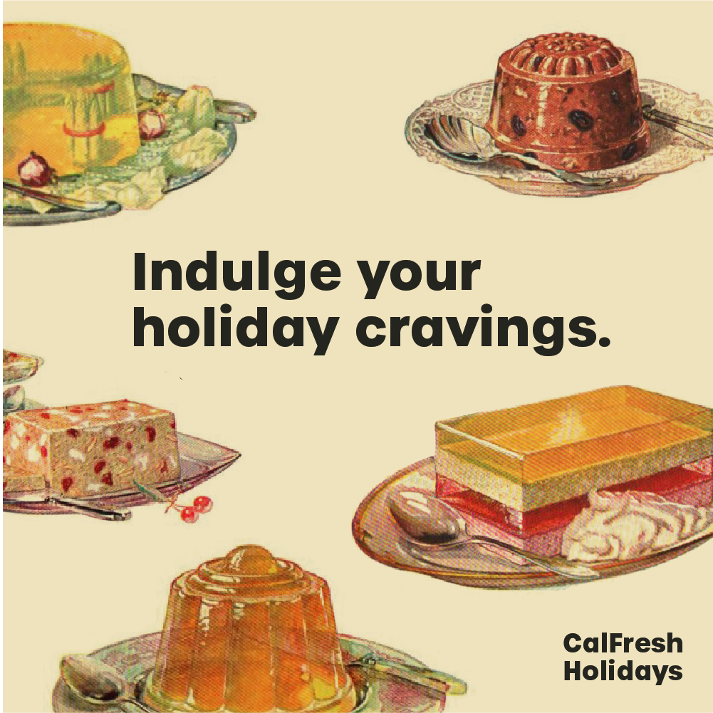Holiday social post: 'Indulge your holiday cravings' with vintage food photography on warm background