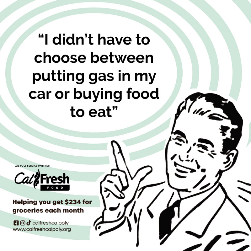CalFresh Outreach — retro-style social post with a student quote about not having to choose between gas and groceries