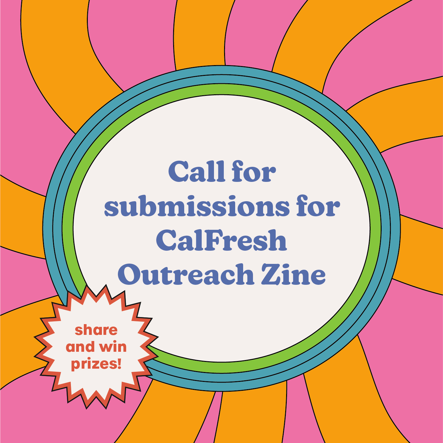 Call for submissions post for CalFresh Outreach Zine — colorful retro sunburst design: 'share and win prizes!'