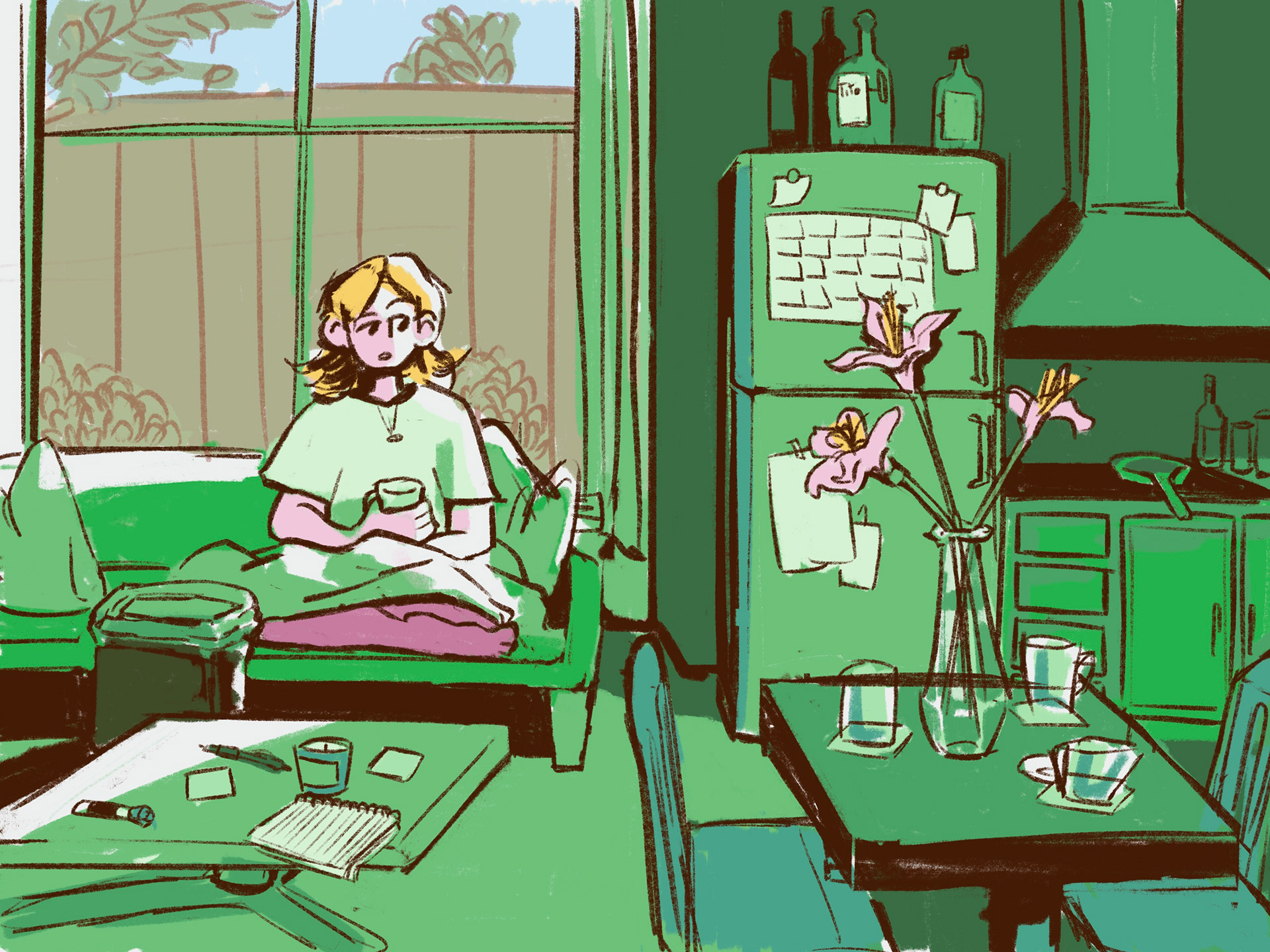Green-tinted illustration of a person sitting on a couch with a mug in a cozy apartment with lily flowers and a refrigerator covered in notes