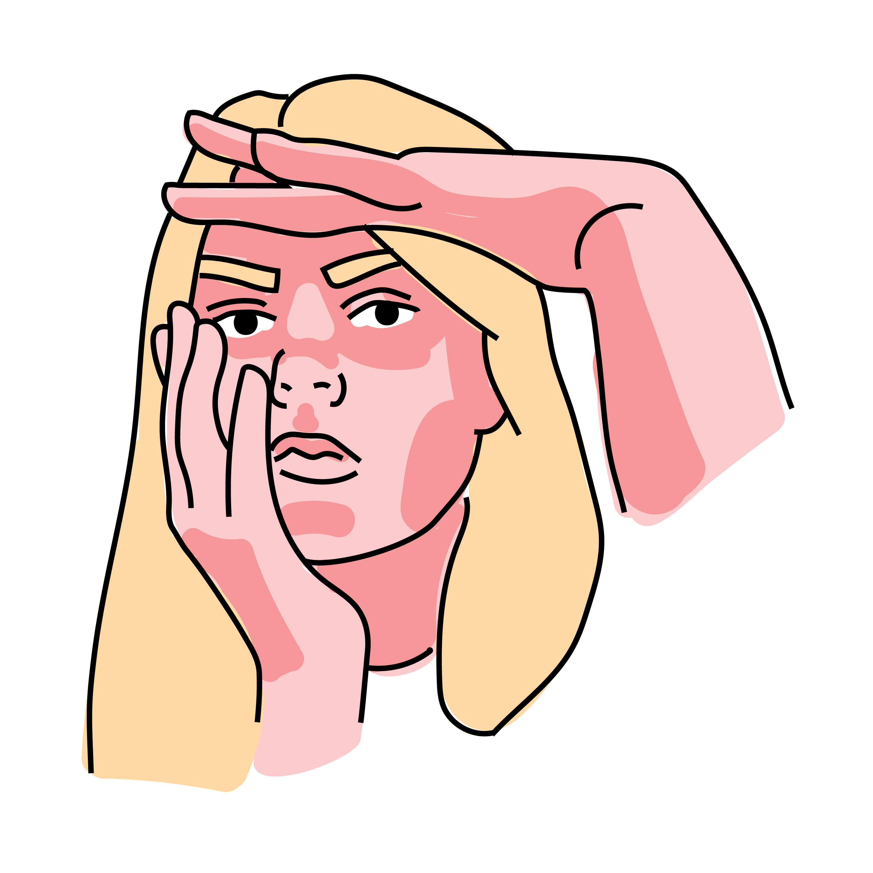 Line illustration portrait of a blonde woman looking tired and skeptical, one hand shielding her forehead and one on her cheek