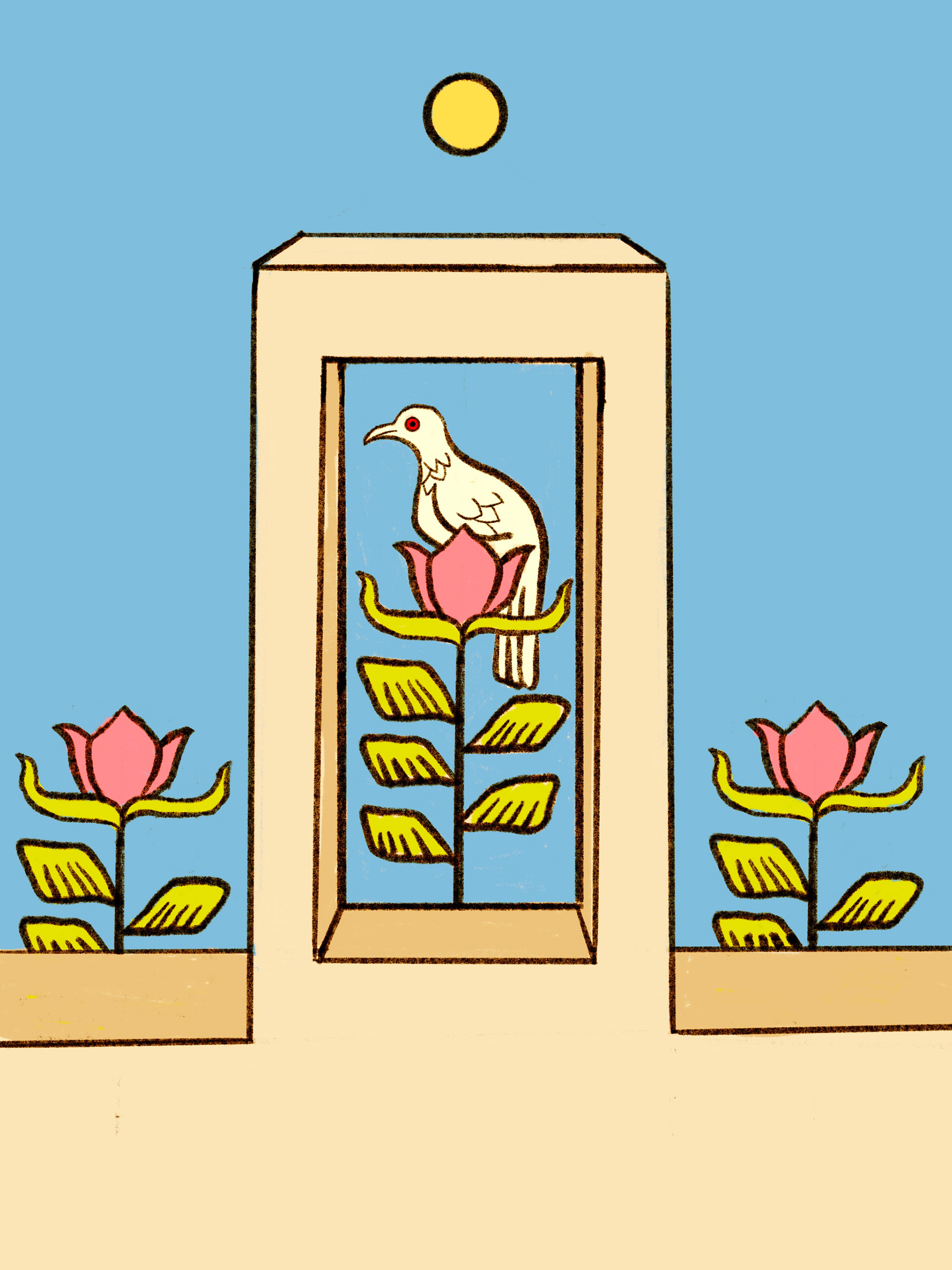 Folk art style illustration of a white bird perched on a lotus flower inside a sand-colored archway, flanked by pink flowers