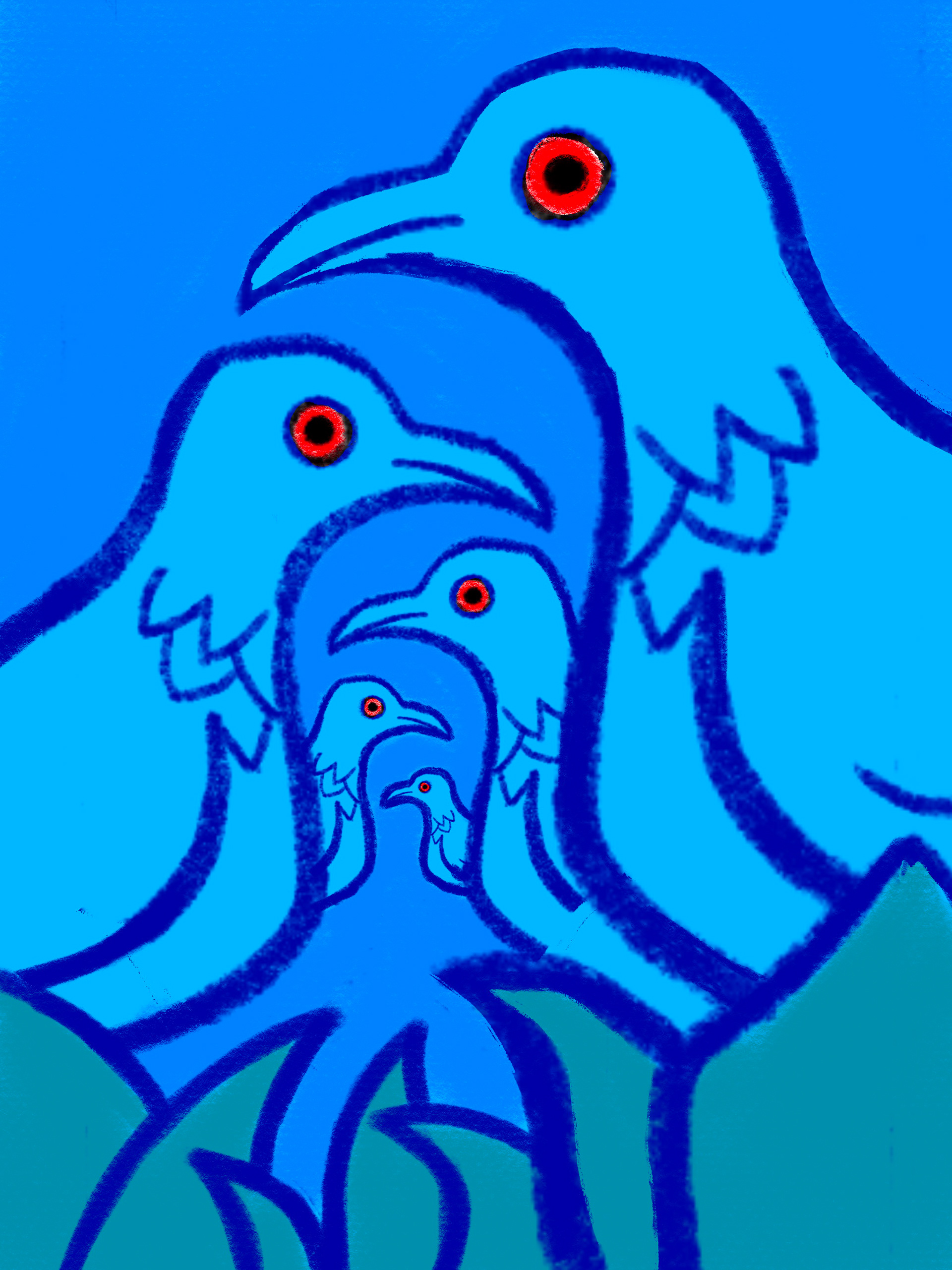 Bold graphic illustration of five blue birds nested inside each other from largest to smallest, each with a red eye, on a blue background