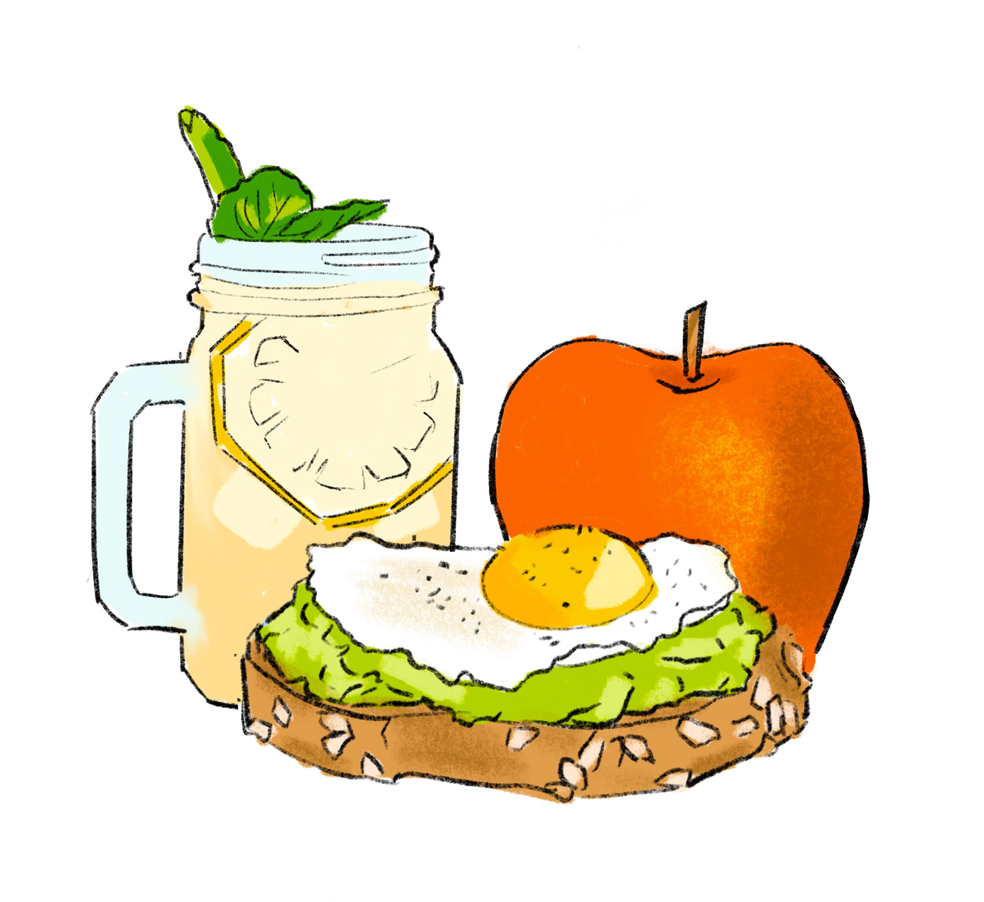 Illustrated still life of avocado toast with a fried egg, a mason jar of lemonade, and a red apple
