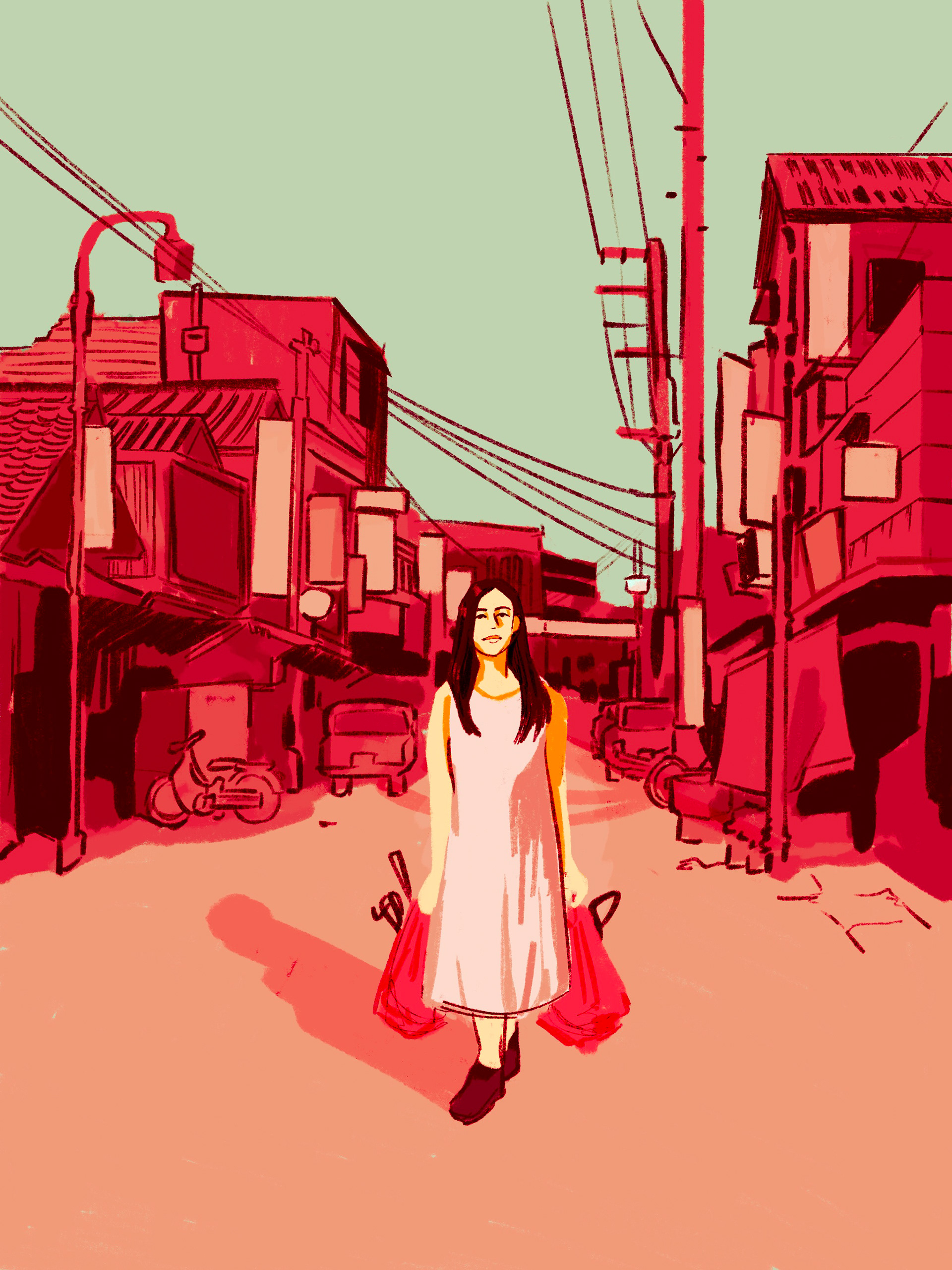Digital illustration of a woman walking alone down a pink-toned Asian city street with power lines overhead