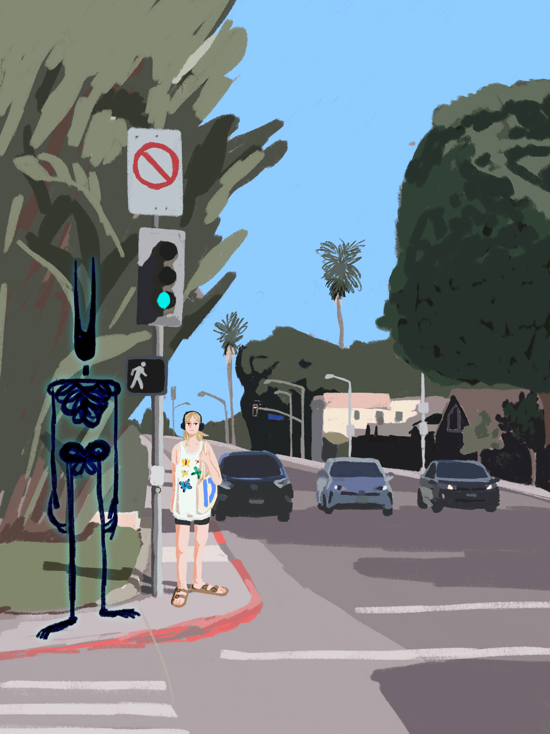 Digital painting of a woman waiting at a sunny California crosswalk with palm trees, traffic, and a dark skeletal figure beside her
