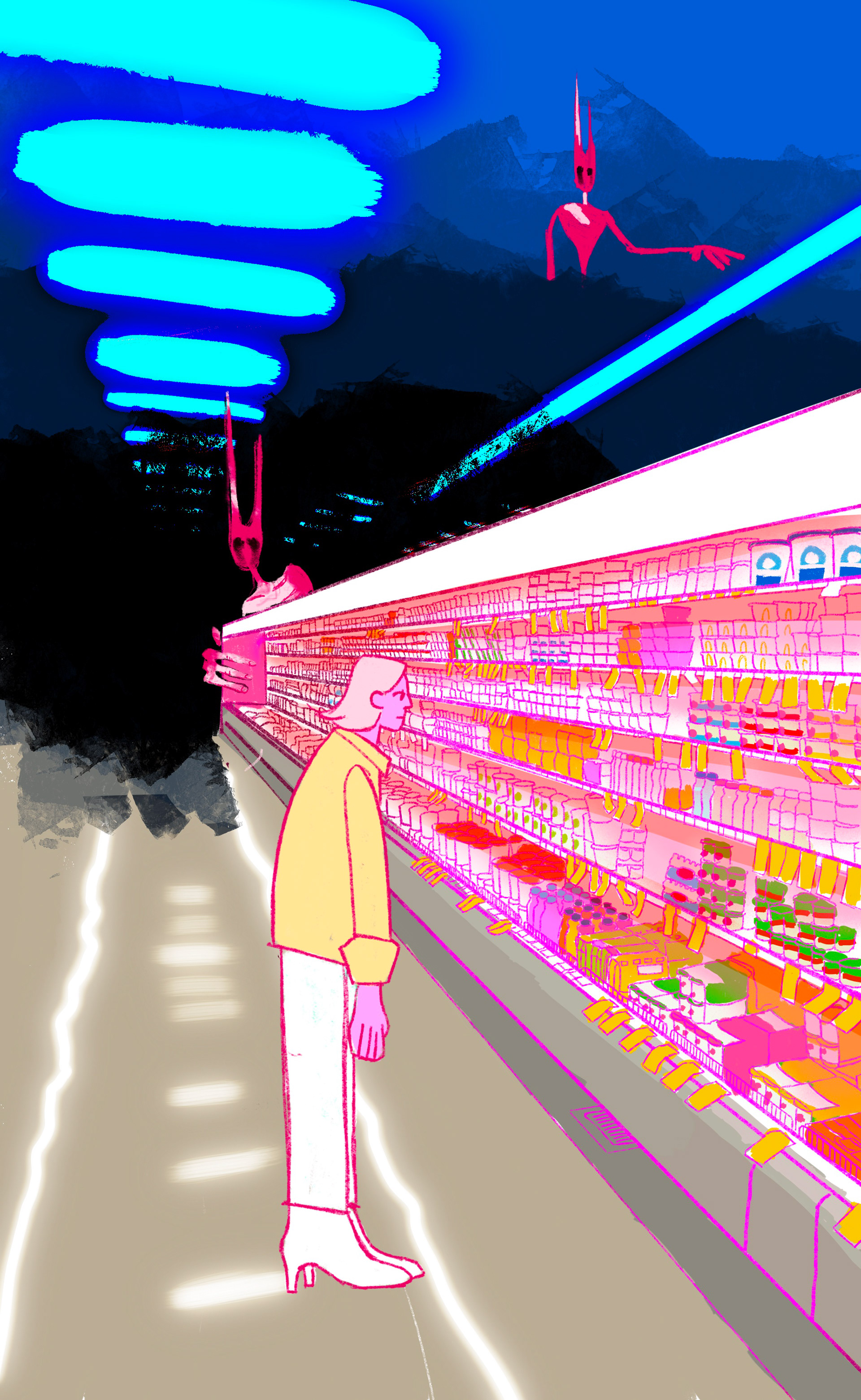 Surreal illustration of a person in a brightly lit grocery store aisle with demonic figures hovering above the fluorescent lights