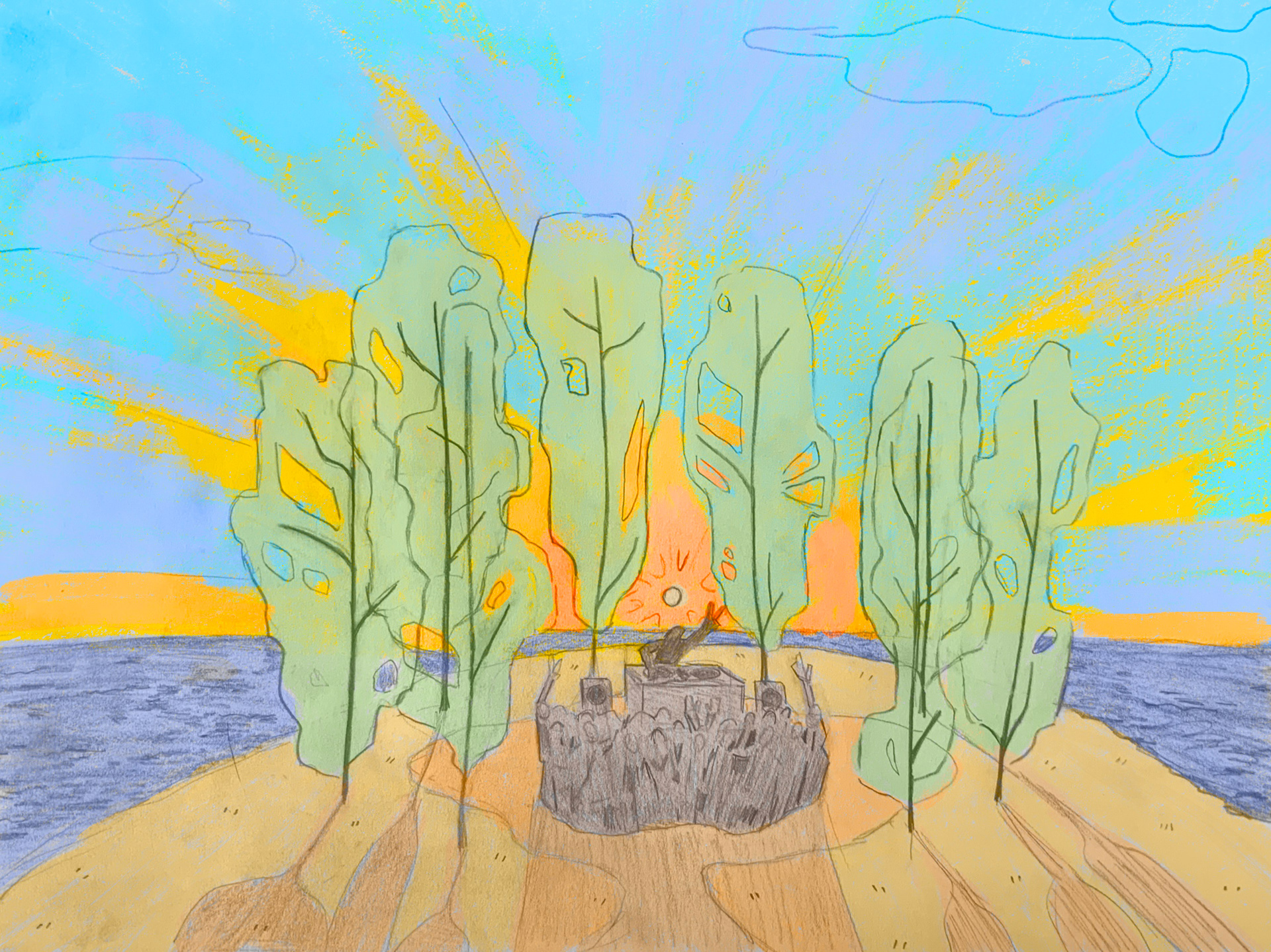 Hand-drawn illustration of a small island at golden hour with tall trees, a glowing sky, and a small figure in the center