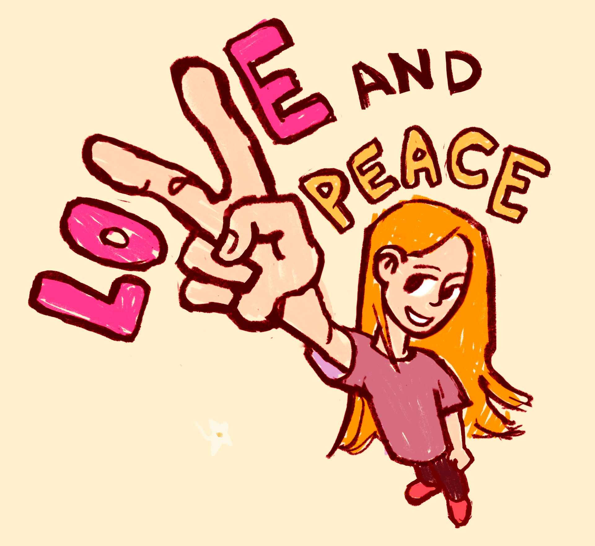 Cartoon illustration of a girl with orange hair throwing a peace sign with bold 'Love and Peace' lettering