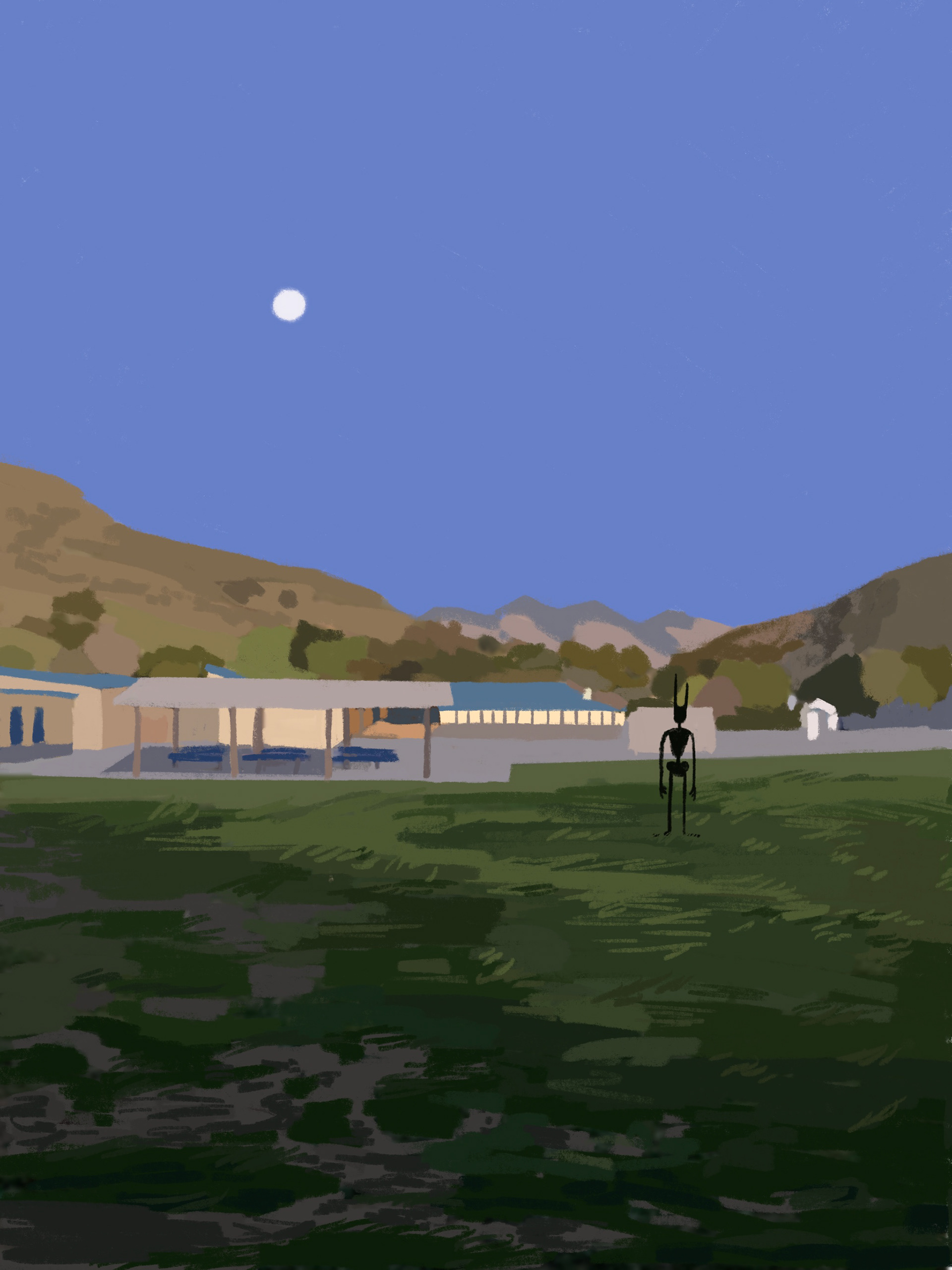 Digital painting of a moonlit California landscape with ranch buildings, hills, and a lone horned figure standing in a green field