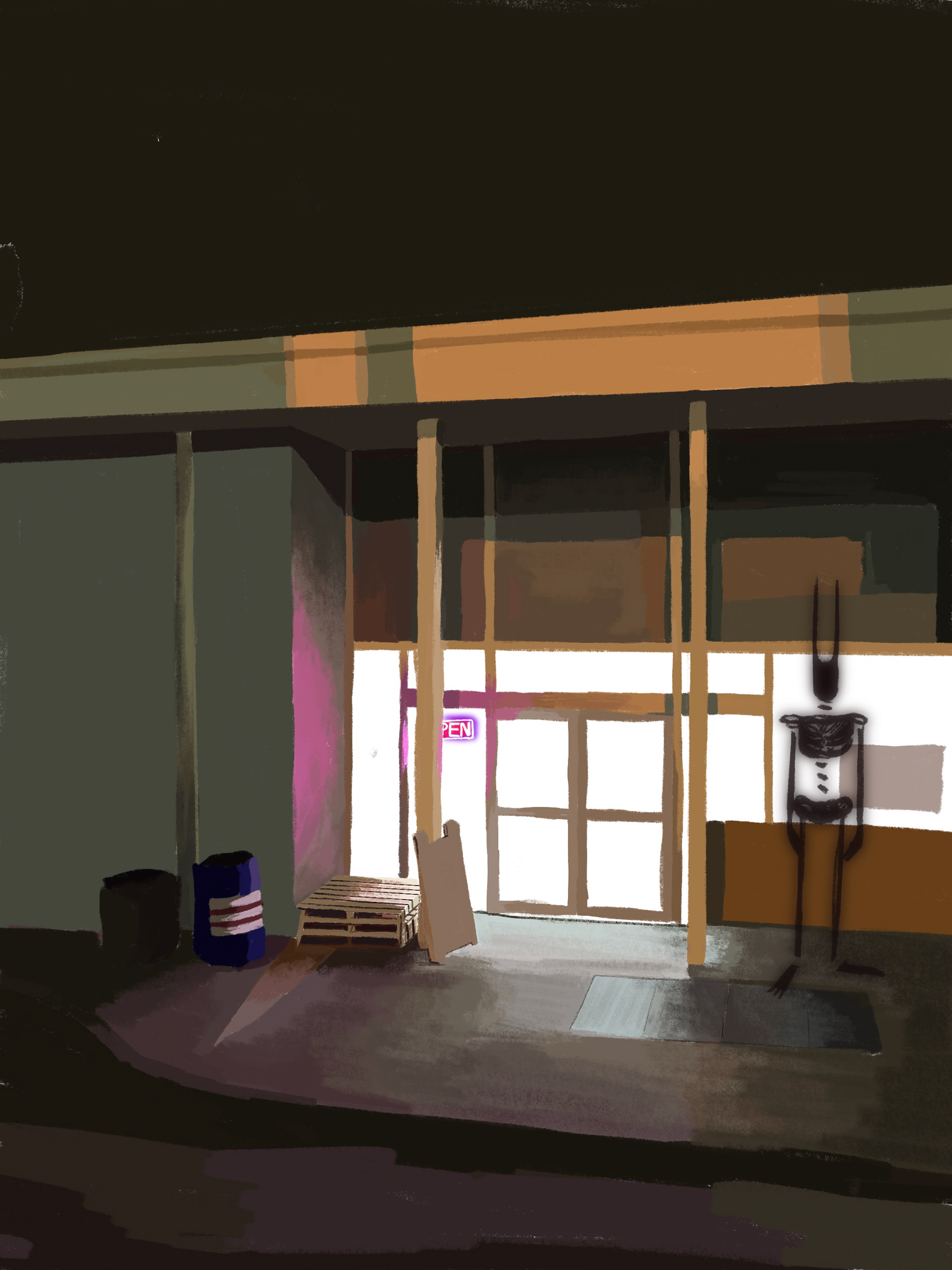 Dark digital painting of a storefront interior at night with a neon Open sign glowing through windows and a shadowy figure standing inside