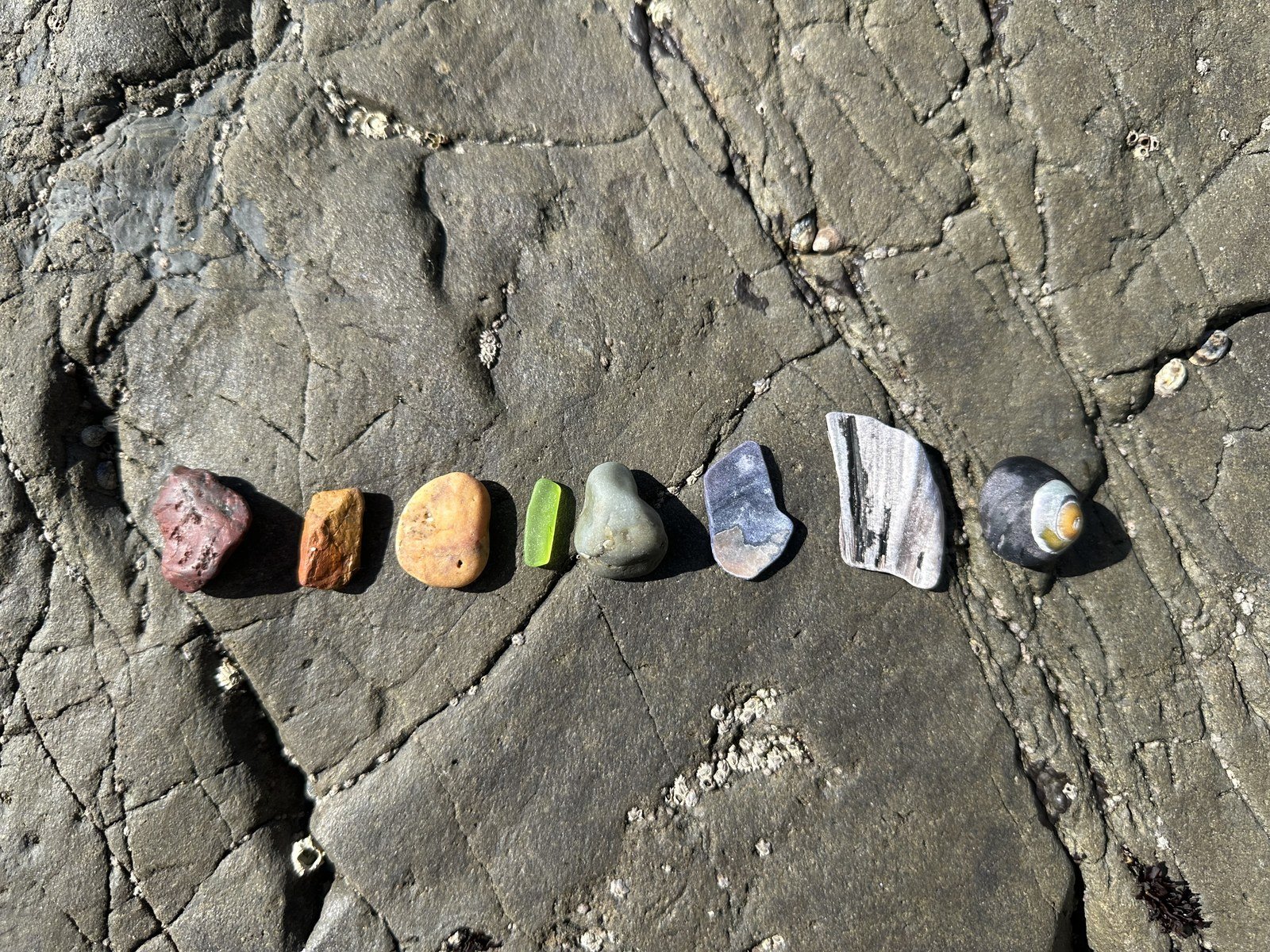Seven beach stones arranged by color on dark rock