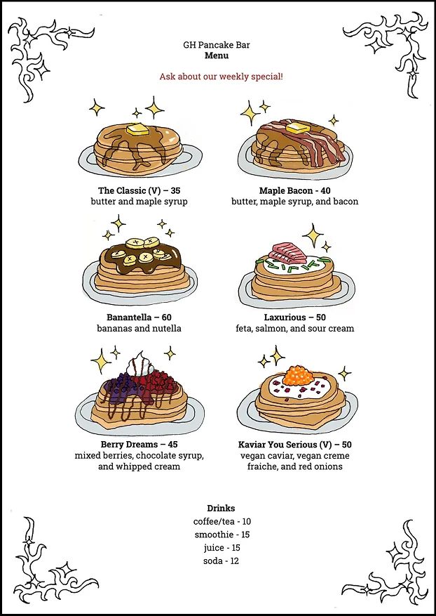 Illustrated menu for GH Pancake Bar