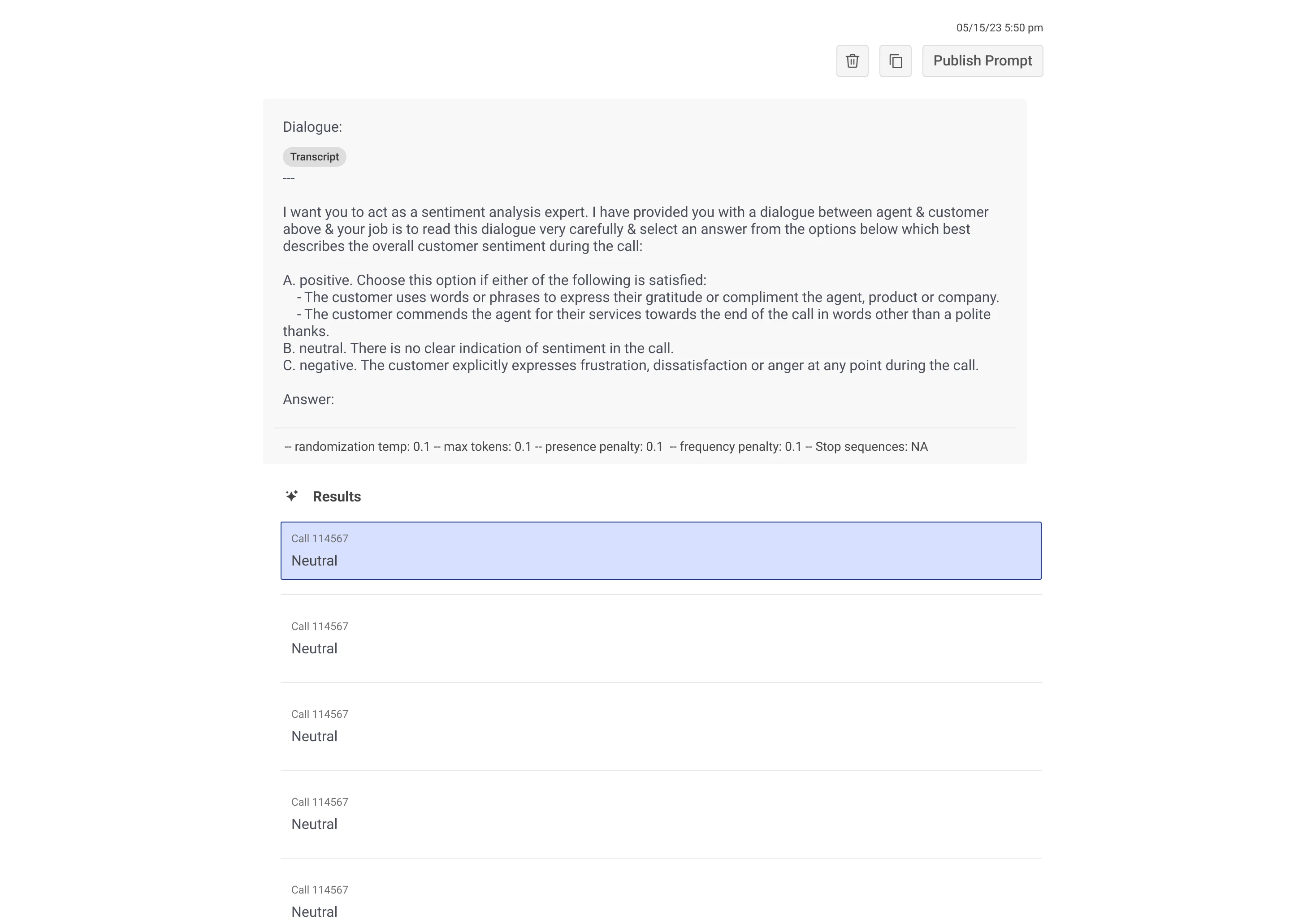 GenAI Studio — prompt configuration panel showing AI workflow management