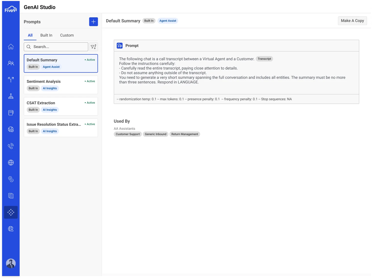 GenAI Studio — prompts sidebar showing Default Summary, Sentiment Analysis, CSAT Extraction, Issue Resolution alongside the prompt content panel