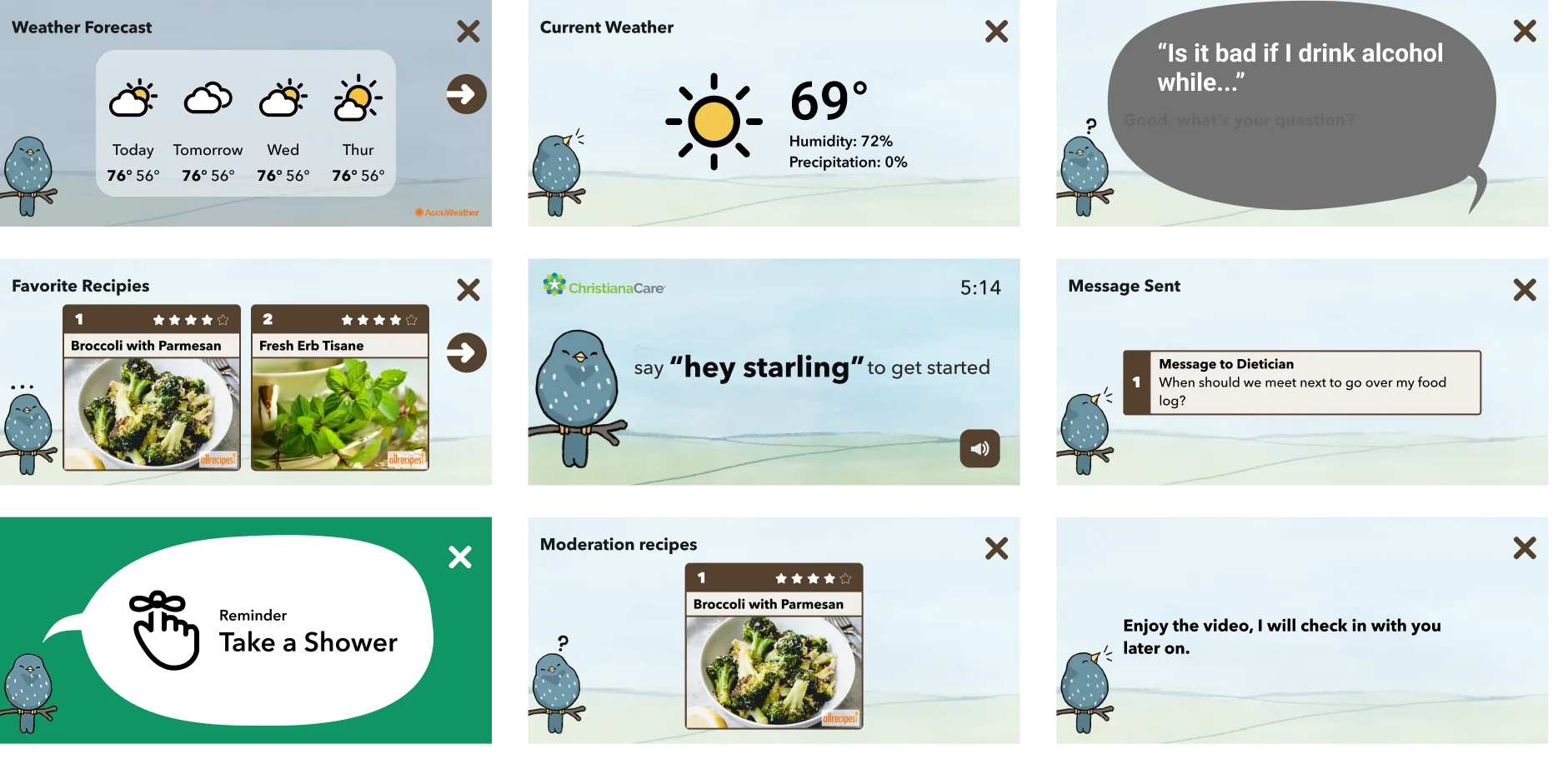 A closer look at nine Starling screens including the home wake screen, weather, messaging, health reminders, and a dietician message — showing variety within a consistent system