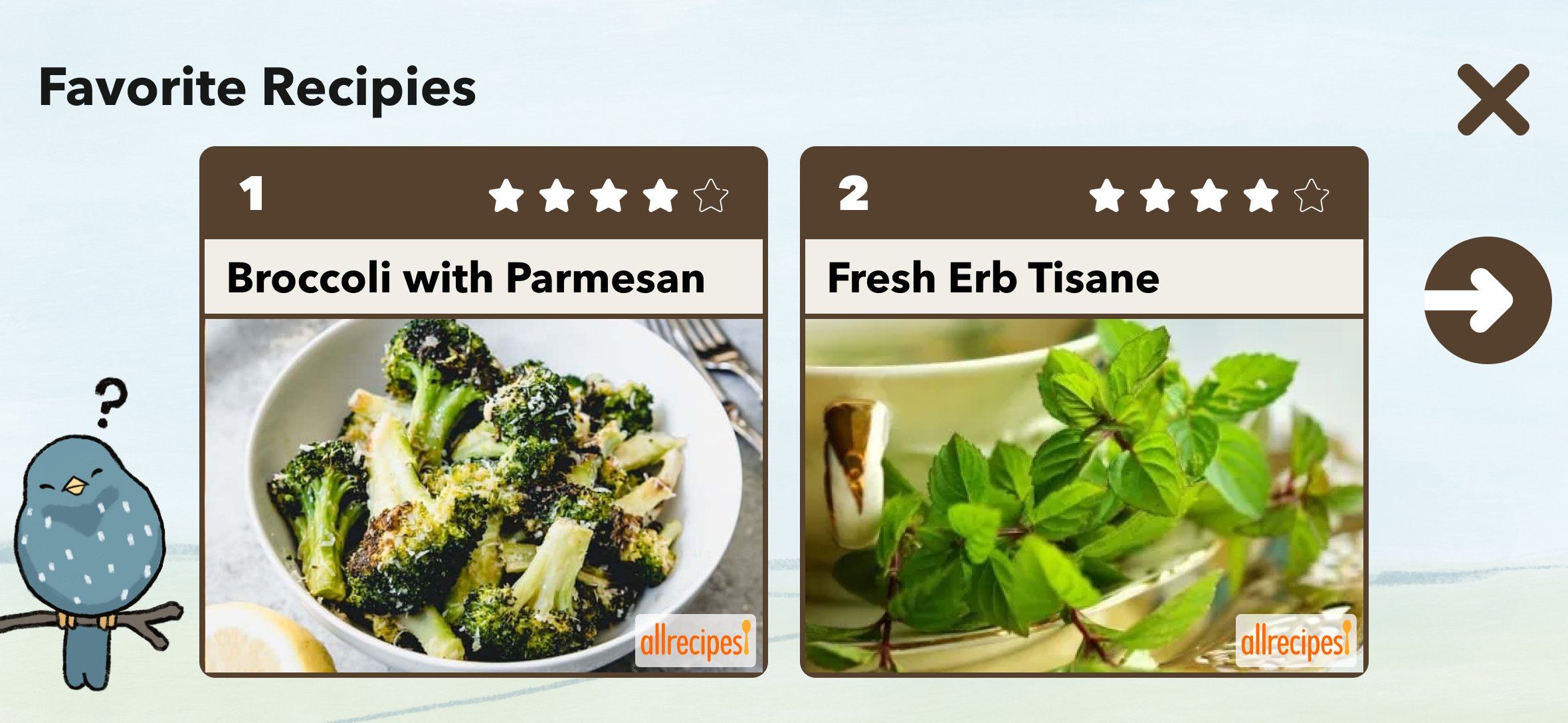 A Starling screen showing a Favorite Recipes feature in an active listening state — the interface is listening for a voice response while showing recipe options
