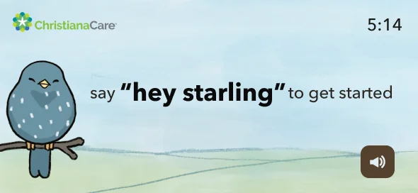 The Starling home screen — a forward-facing bird mascot perched on a branch above the text 'say hey starling to get started,' with ChristianaCare branding below. Warm, uncluttered, immediately trustworthy.